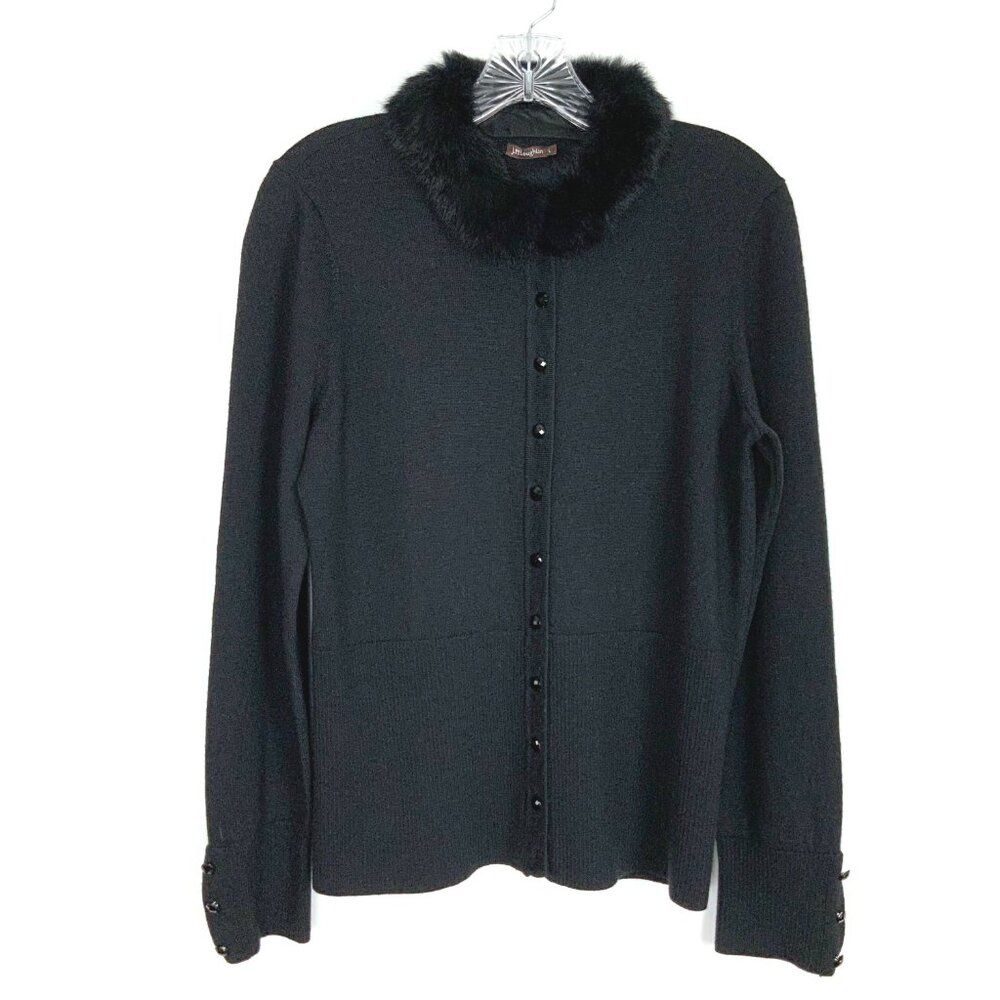 J. Mclaughlin Wool Button Up Rabbit Fur Collar Cardigan Sweater Black Size L - Picture 10 of 16